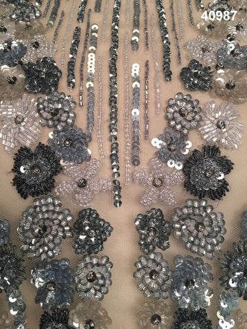 Enchanting Blossoms: Hand-Beaded Fabric with Exquisite Floral Patterns, and Sparkling Beads & Sequins