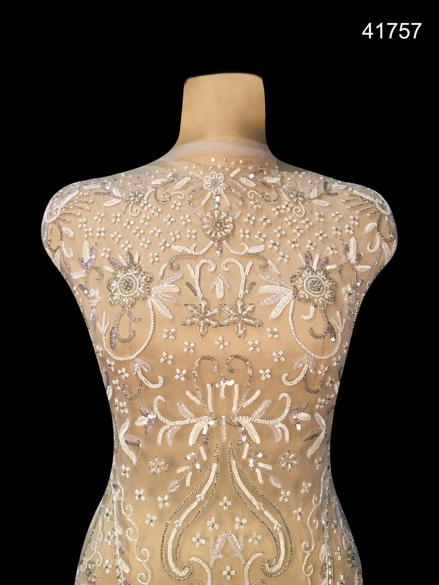 Enchanting Embellishments: Hand-Beaded Dress Panel featuring Intricate Beads, Pearls, Sequins, and Shimmering Rhinestones