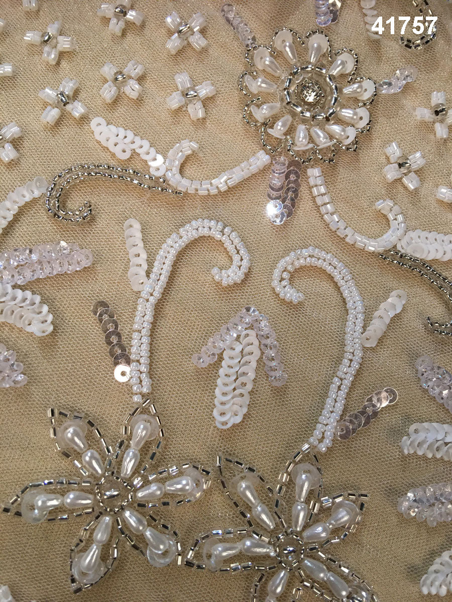 Enchanting Embellishments: Hand-Beaded Dress Panel featuring Intricate Beads, Pearls, Sequins, and Shimmering Rhinestones