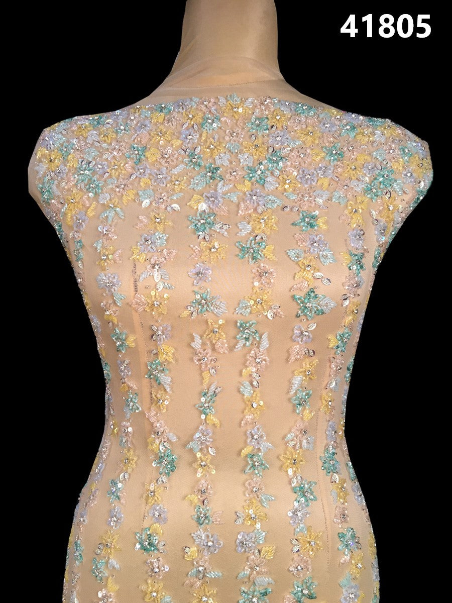 Delicate Hand-Beaded Fabric with Pastel-Coloured Beads, Sequins, and Rhinestones in a Beautiful Floral Design