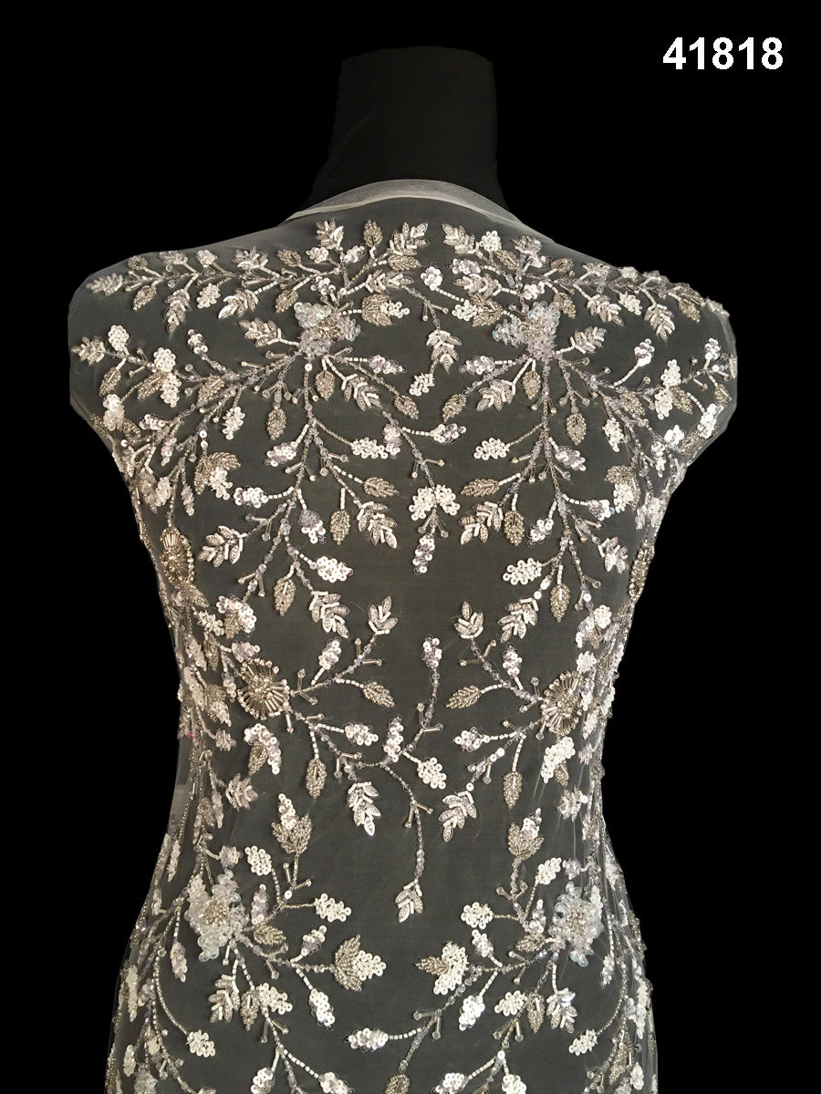 Superior Hand-Beaded Fabric with Intricate Floral Design, Embellished with Shimmering Beads and Sequins