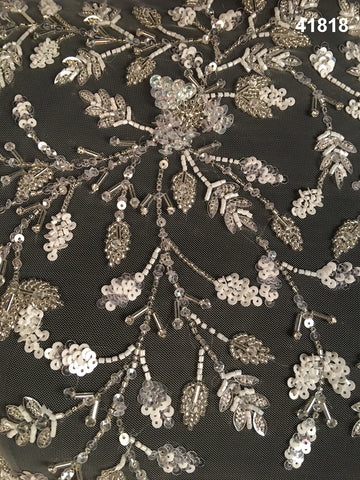 Superior Hand-Beaded Fabric with Intricate Floral Design, Embellished with Shimmering Beads and Sequins