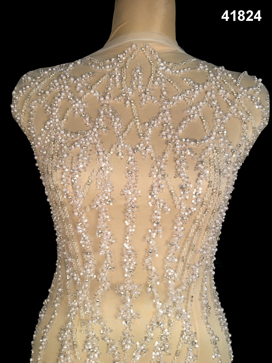 Superb Hand-Beaded Fabric with a Modern Wavy Design, Featuring Intricate Details of Beautiful Beads, Shimmering Sequins, Luxurious Pearls, and Sparkling Rhinestones