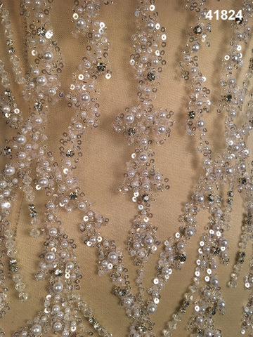 Superb Hand-Beaded Fabric with a Modern Wavy Design, Featuring Intricate Details of Beautiful Beads, Shimmering Sequins, Luxurious Pearls, and Sparkling Rhinestones