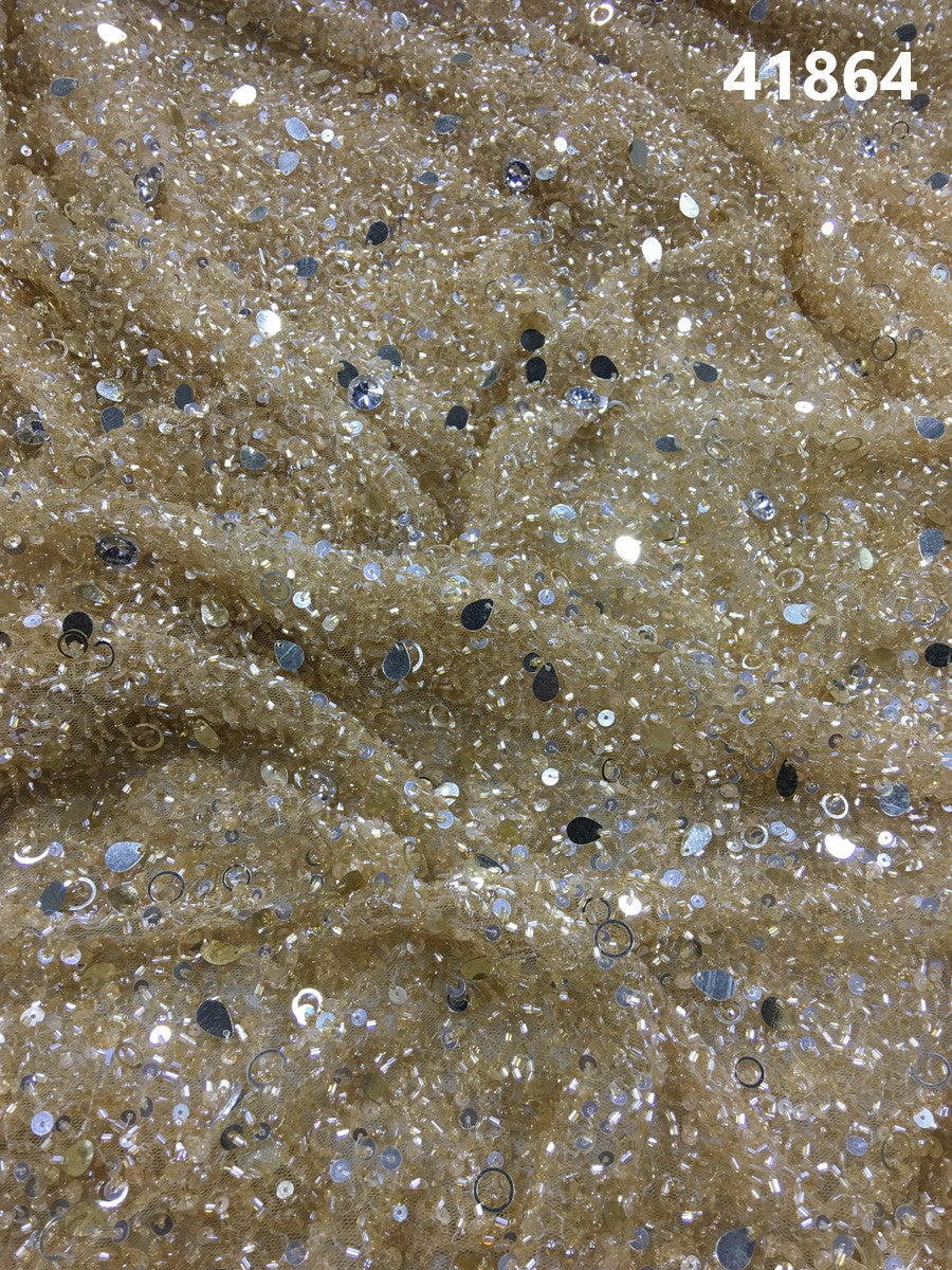 Handcrafted Opulent Fabric Embellished with Intricate Beadwork and Glistening Sequins