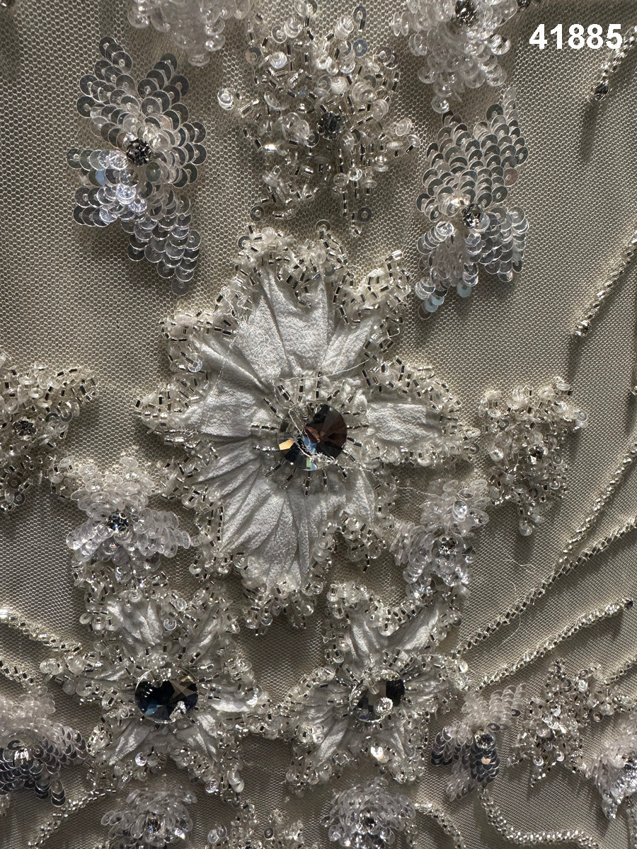 Garden of Delights: Intricately Hand-Beaded Fabric featuring Lush Floral Motifs, Delicate Flower Appliques, and Glittering Beads & Sequins