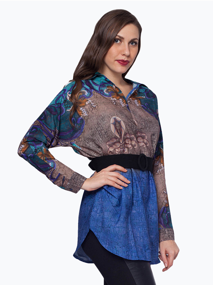 Cuff And Collar Printed Top
