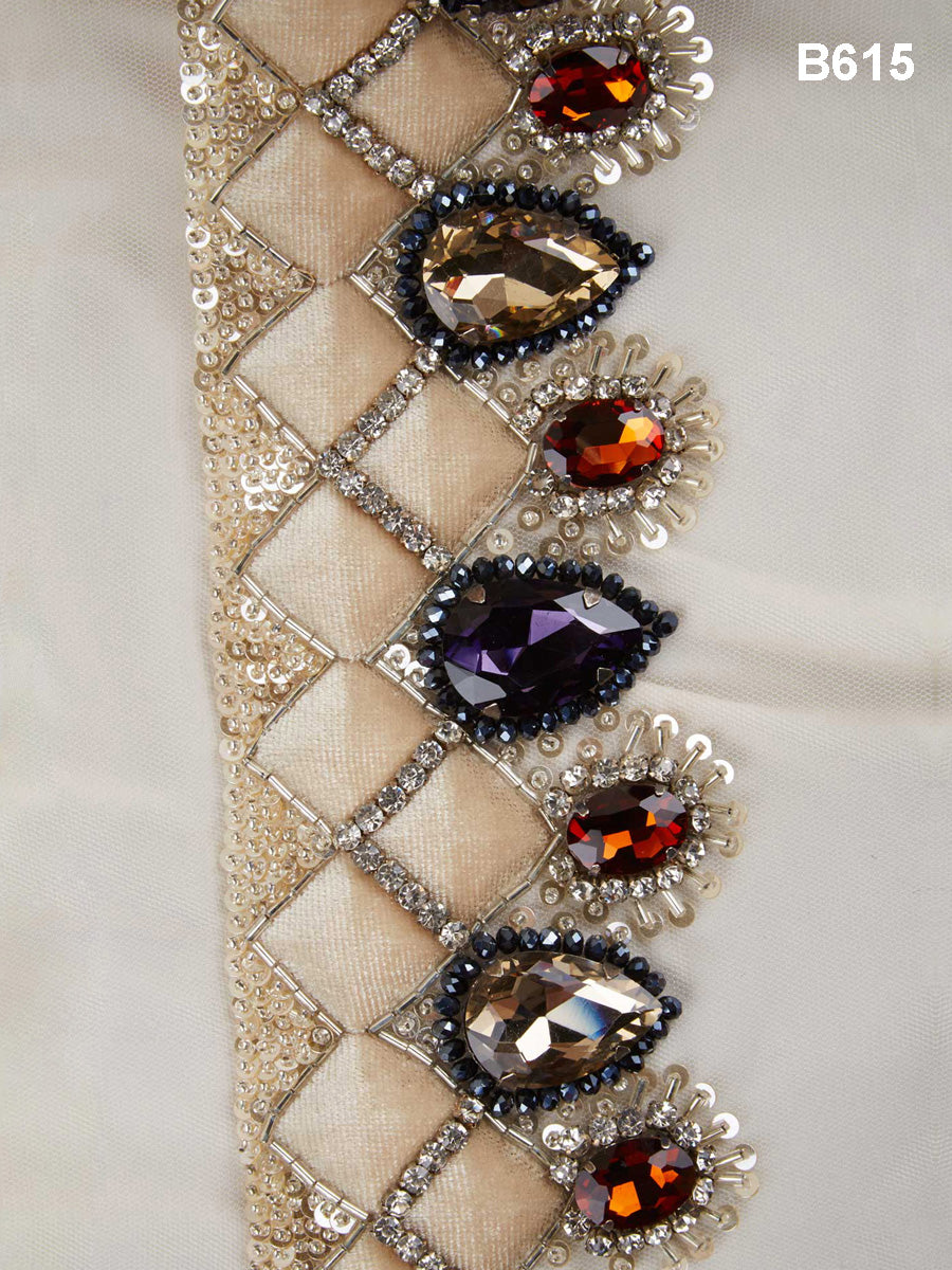 Royal Elegance Hand Beaded Trim: Exquisite Beads, Sequins, and Rhinestones Adorning Soft Velvet for a Regal Look