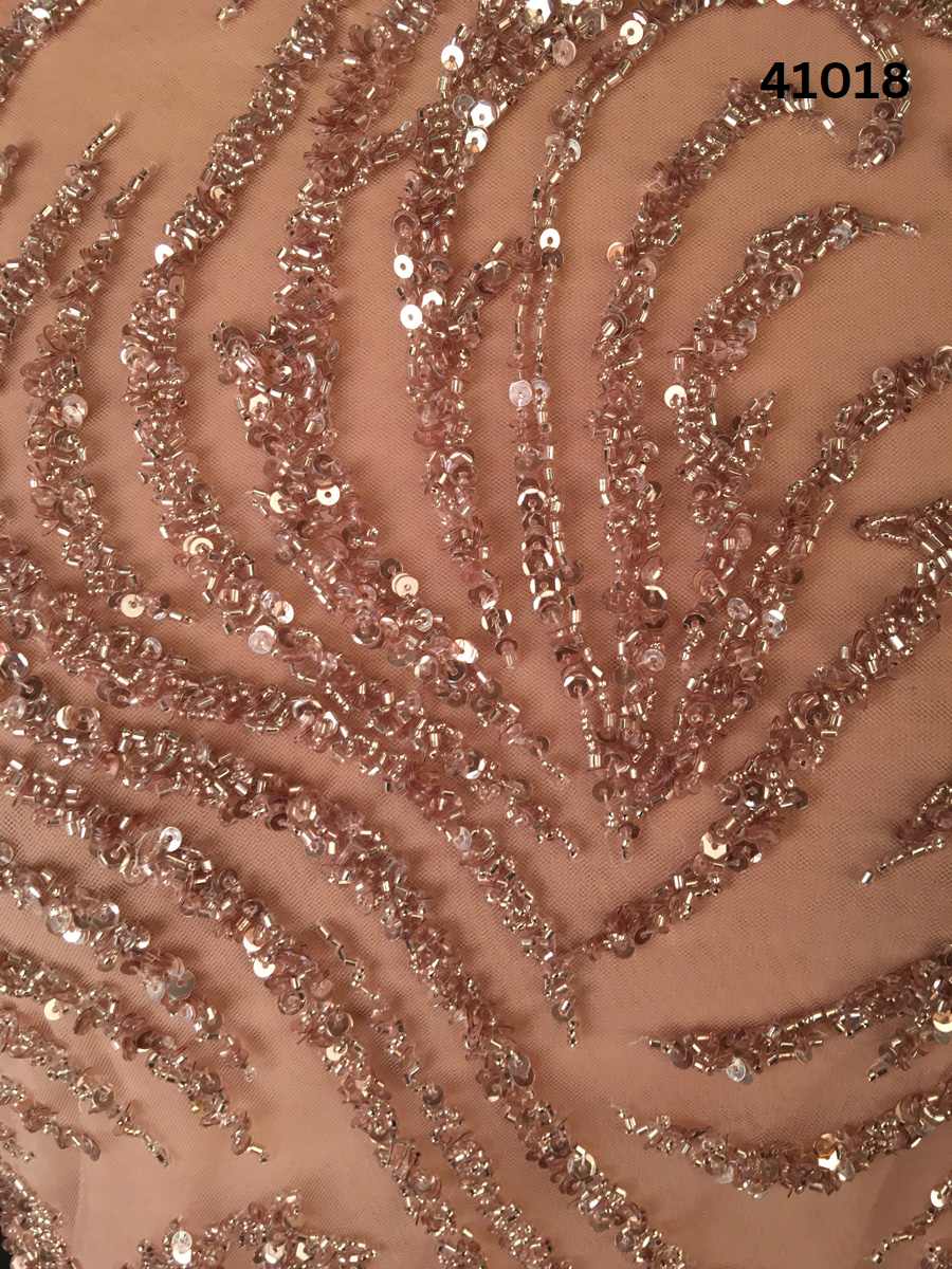 Stunning Hand-Beaded Fabric with Intricate Wavy Design Embellished with Shimmering Beads and Dazzling Sequins