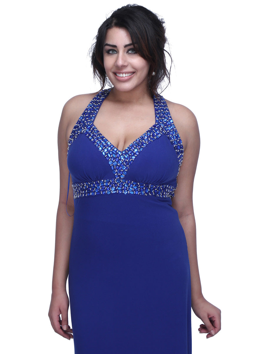 Sophisticated Opulence: Classy Royal Blue Crepe Beaded Evening Gown for a Regal and Elegant Look