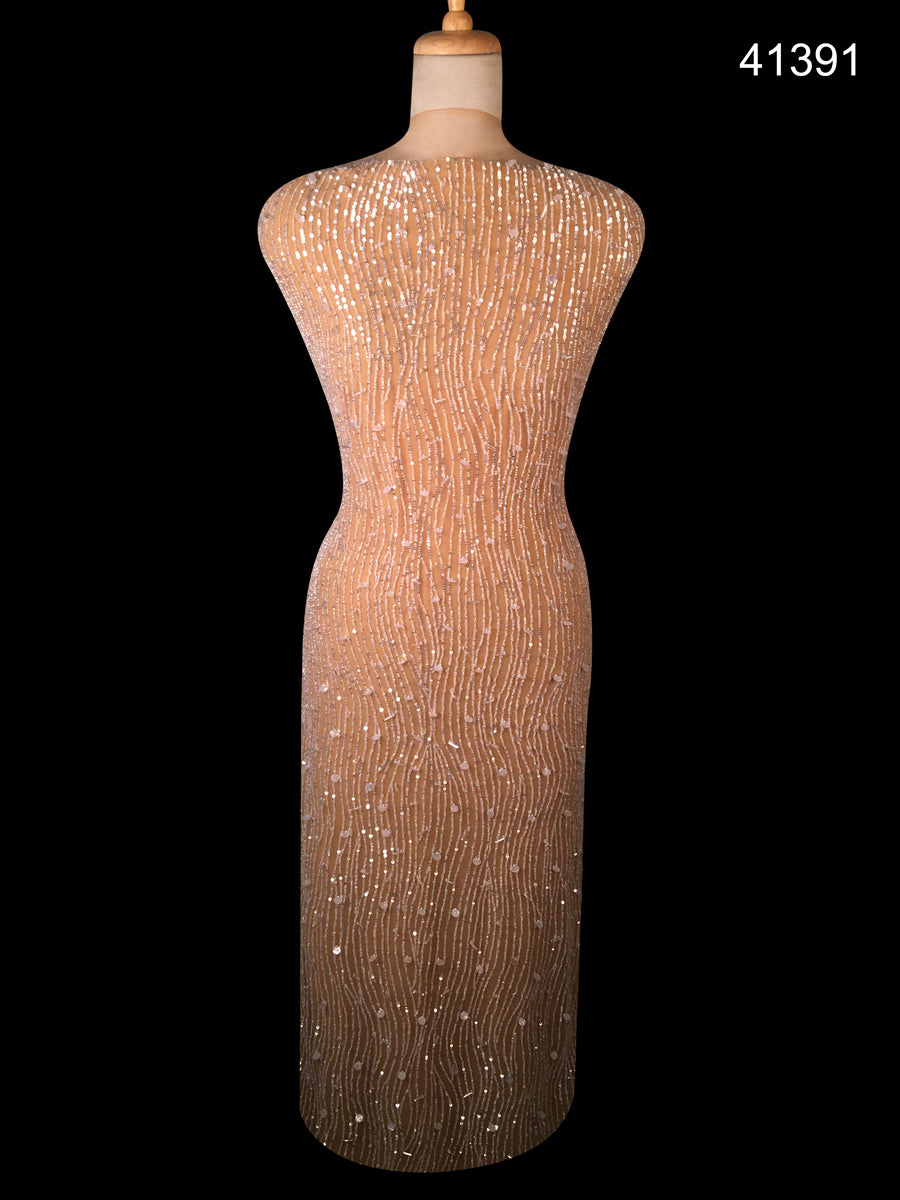 Elegant Hand-Beaded Fabric with Delicate Beads and Sequins, Featuring a Modern Wavy Design
