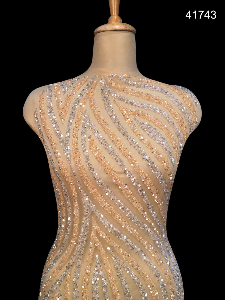 Mesmerizing Seawave Hand-Beaded Fabric with Intricately Woven Beads and Sequins in a Wavy Design