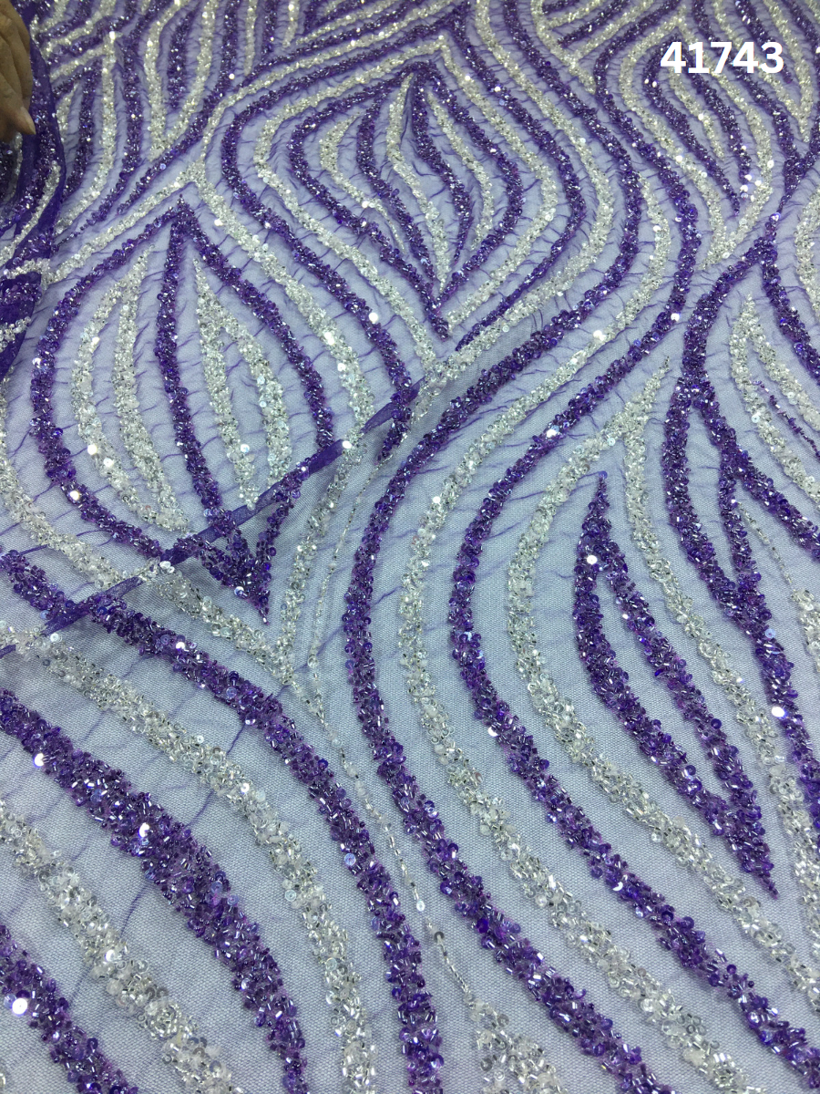 Mesmerizing Seawave Hand-Beaded Fabric with Intricately Woven Beads and Sequins in a Wavy Design