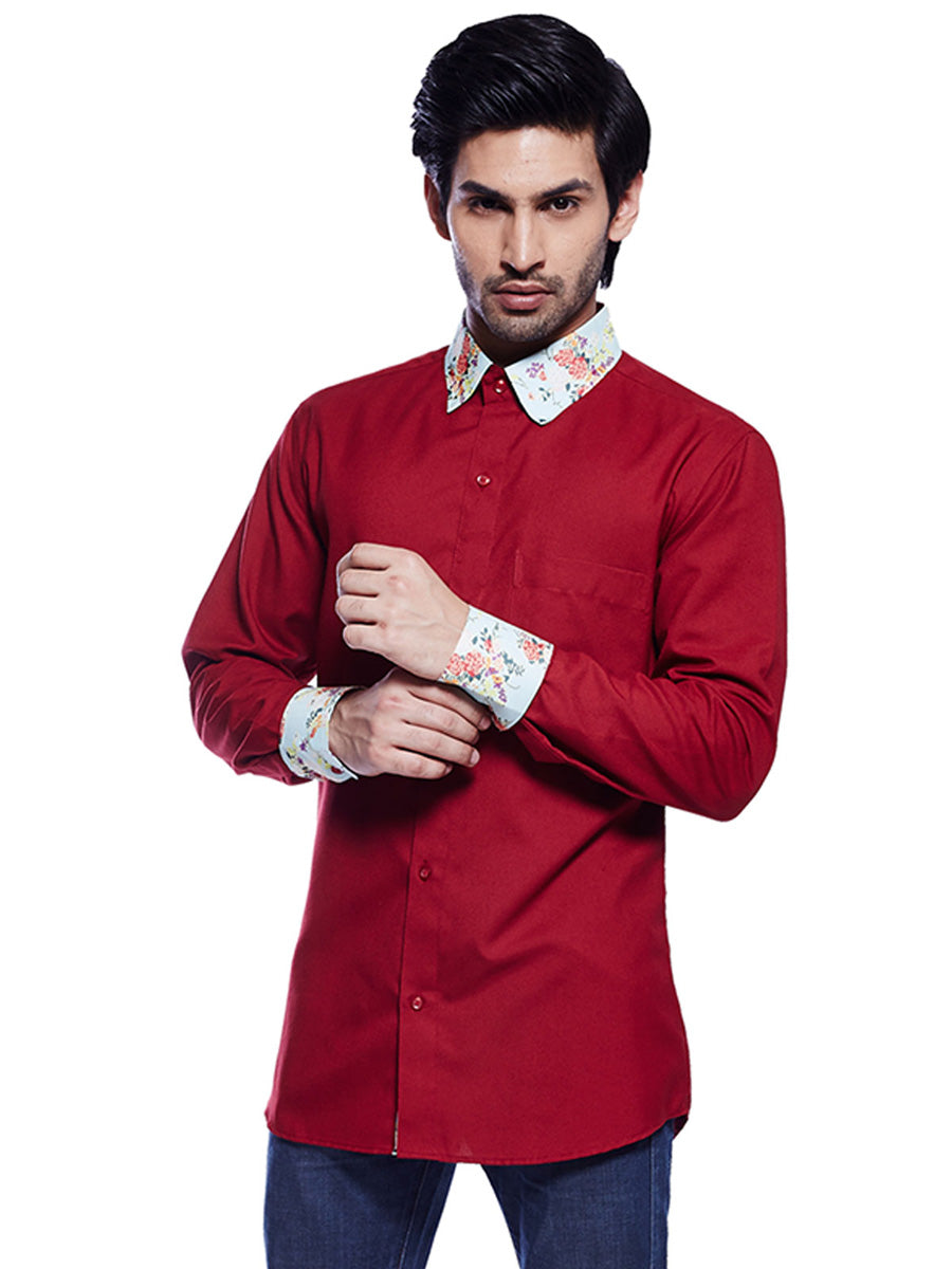 Printed Perfection: Fashionable Red Shirt with Unique Collar and Cuff