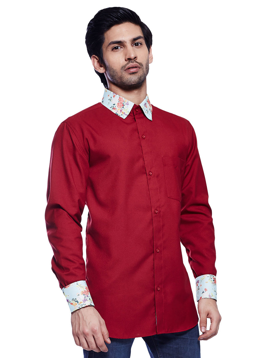 Printed Perfection: Fashionable Red Shirt with Unique Collar and Cuff