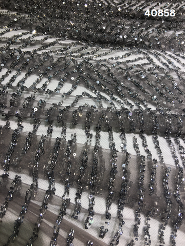 Elegant Hand-Beaded Fabric with Intricate Embroidery, Sparkling Beads, and Dazzling Sequins in a Chic Geometric Design
