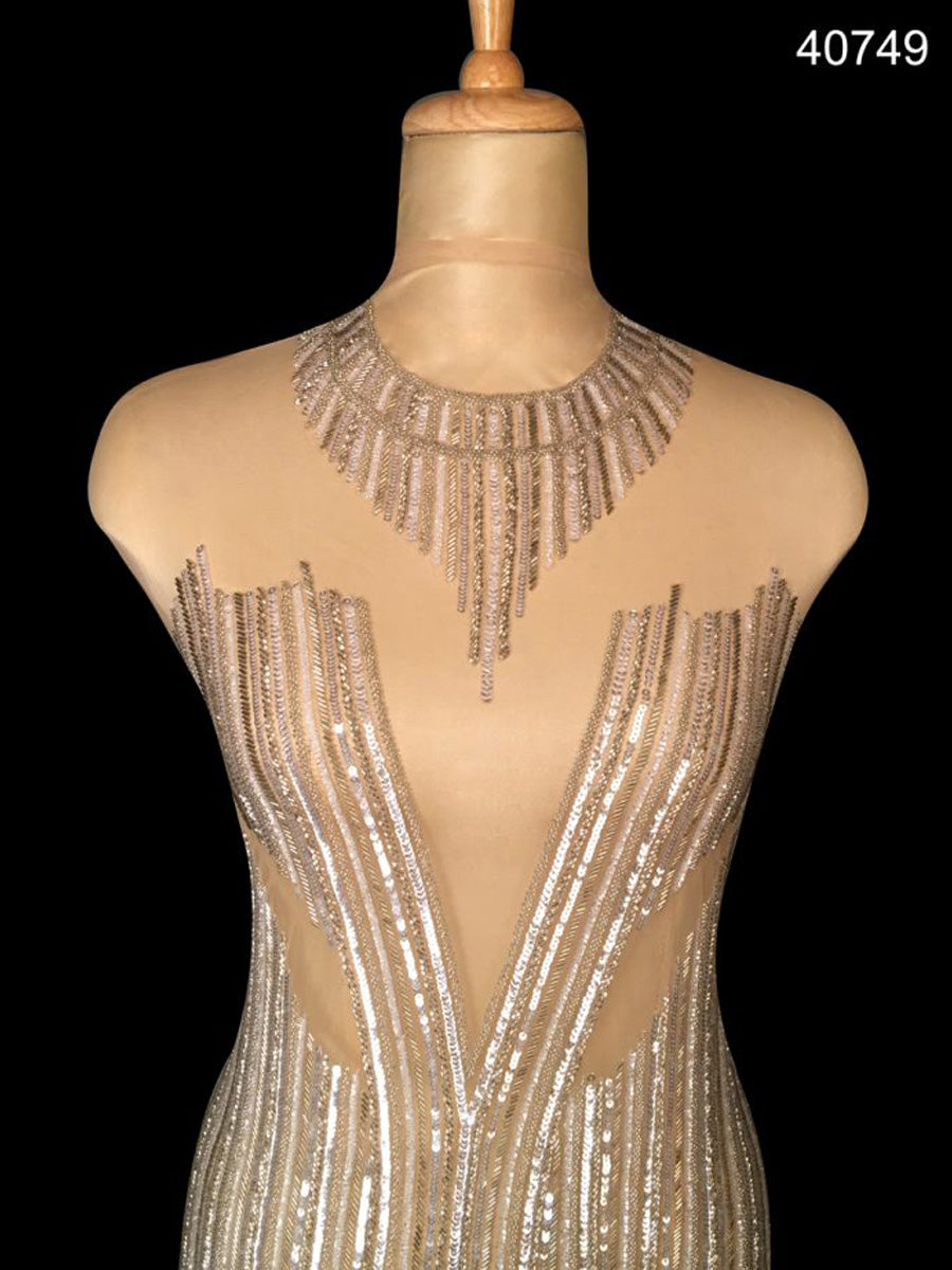 Magnificent Hand-Beaded Dress Panel with Intricate Geometric Design Featuring Shimmering Beads and Sequins