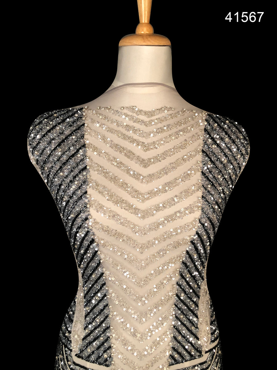 Elegant and Eye-catching Hand-Beaded Dress Panel with Intricate Geometric Design, Embellished with Sparkling Beads and Sequins