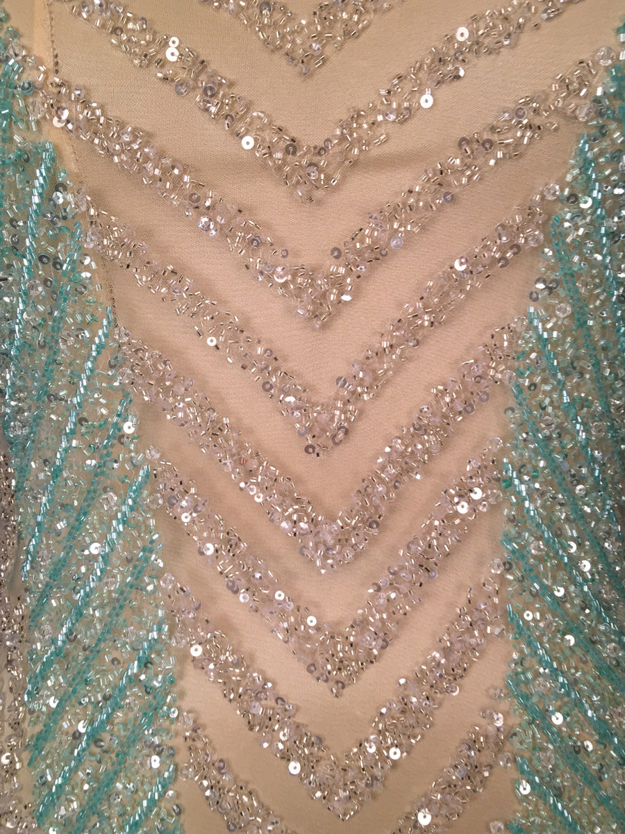 Elegant and Eye-catching Hand-Beaded Dress Panel with Intricate Geometric Design, Embellished with Sparkling Beads and Sequins