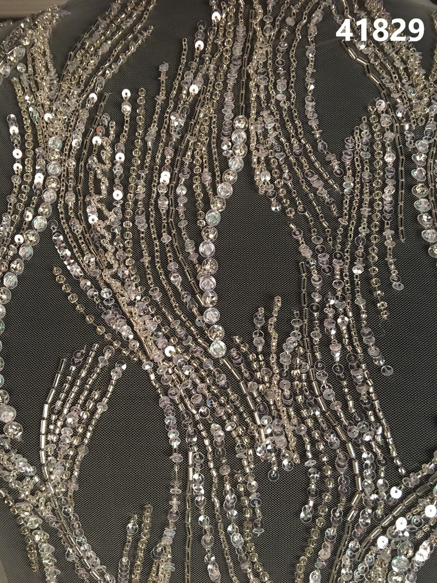 Fine Hand-Beaded Fabric with a Modern Wavy Design, Adorned with Sparkling Beads, Sequins, Rhinestones, and Pearls