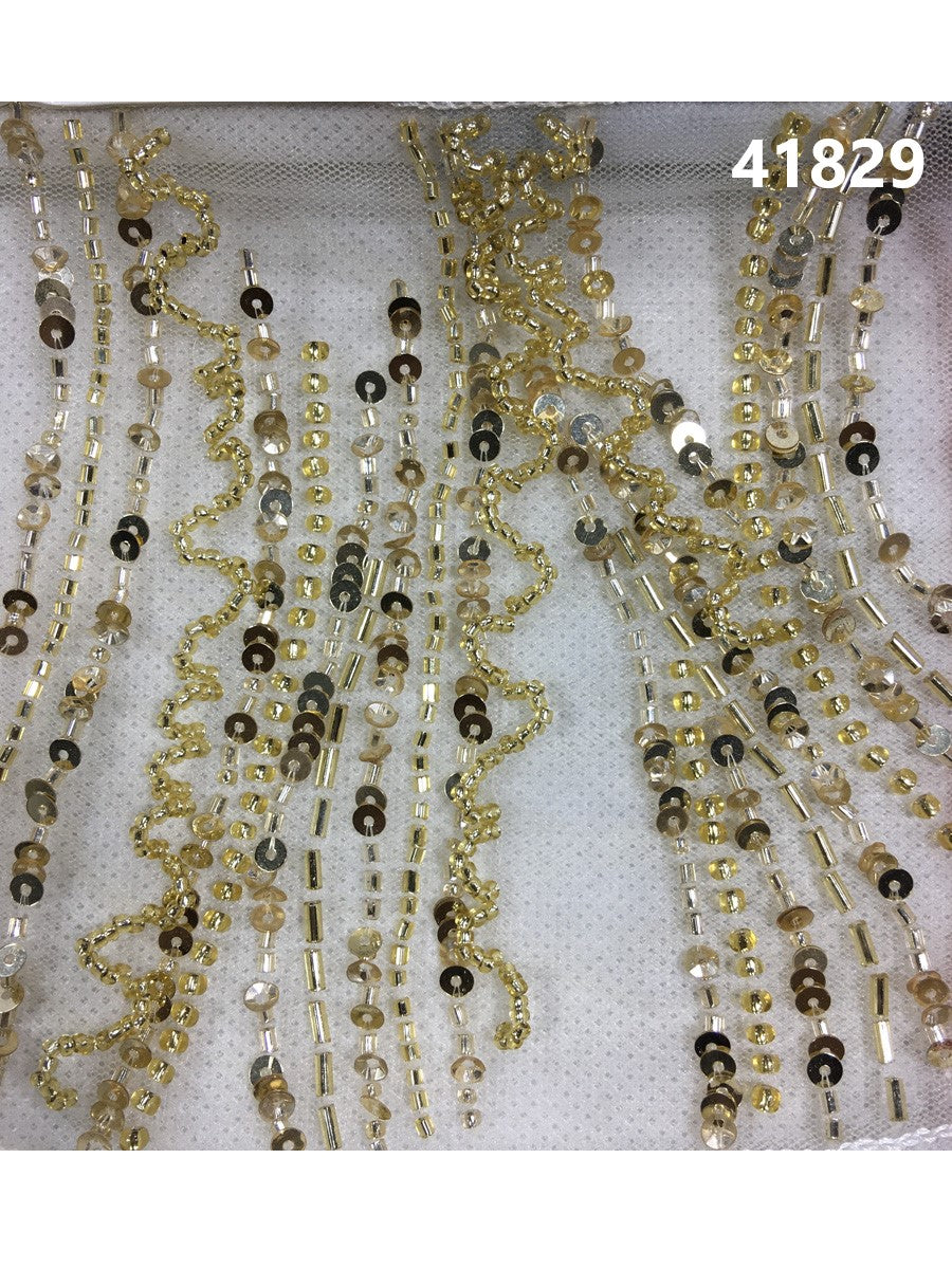 Fine Hand-Beaded Fabric with a Modern Wavy Design, Adorned with Sparkling Beads, Sequins, Rhinestones, and Pearls