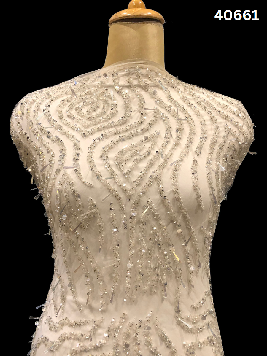 Alluring Hand-Beaded Fabric with Shimmering Beads and Sequins in a Modern Wavy Design