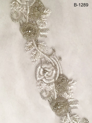 Blooming Elegance: Hand-Beaded Trim with Intricate Floral Pattern, Beads, and Shimmering Sequins