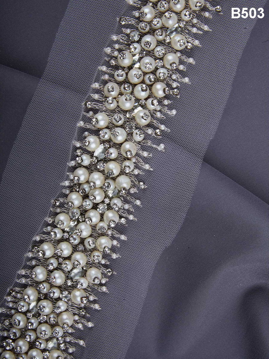 Glamourous Elegance: Exquisite Hand-Beaded Trim with Dazzling Beads, Rhinestones, and Pearls