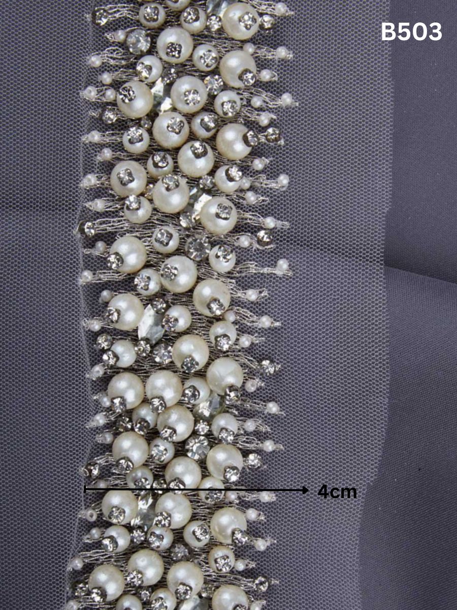 Glamourous Elegance: Exquisite Hand-Beaded Trim with Dazzling Beads, Rhinestones, and Pearls