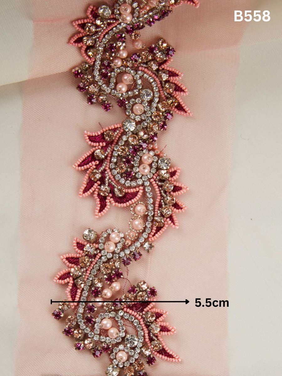 Enchanting Embellishment: Handcrafted Trim with Intricate Beading, and Dazzling Rhinestones