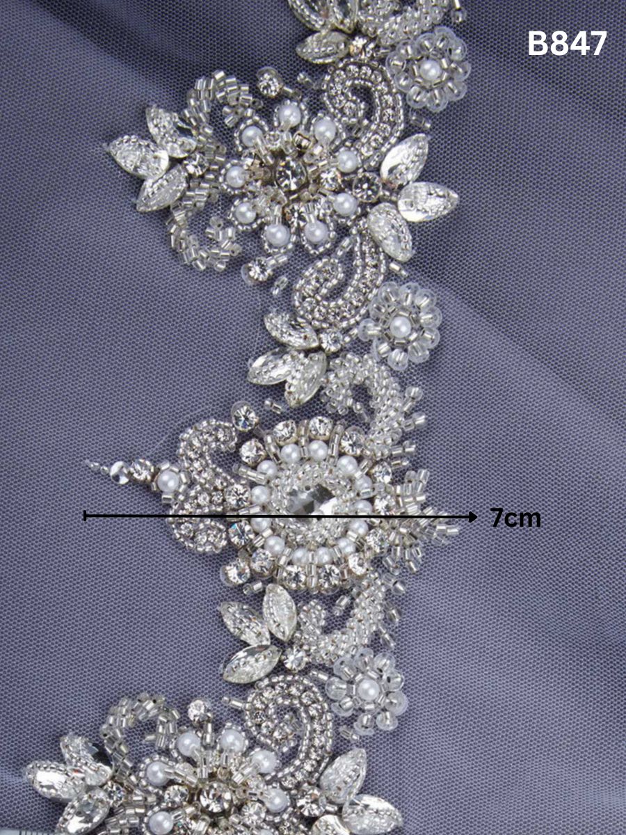 Enchanting Elegance: Intricate Hand-Beaded Trim with Beads, Sequins, and Rhinestones