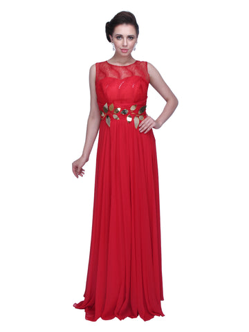 Crimson Elegance: Red Crepe Georgette Gown with Lace Bodice for a Sophisticated and Romantic Look