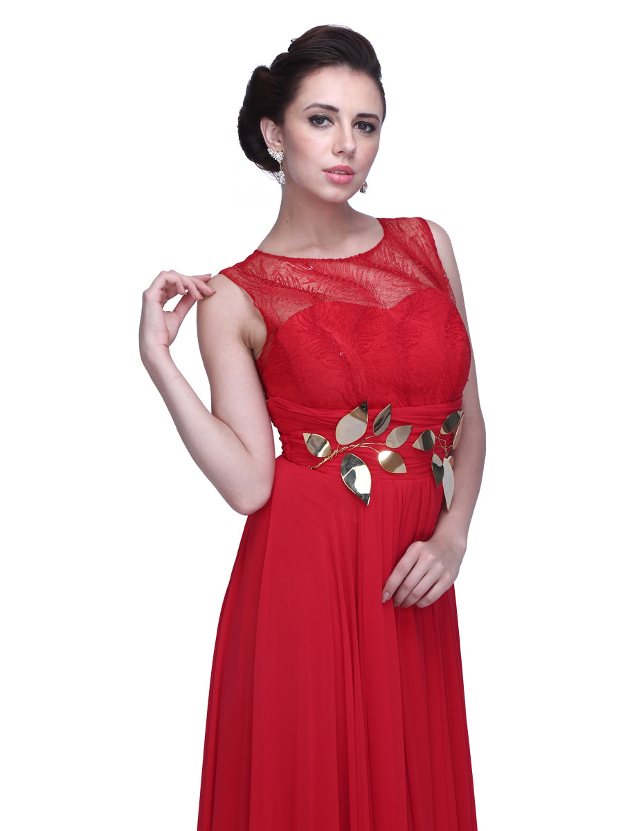 Crimson Elegance: Red Crepe Georgette Gown with Lace Bodice for a Sophisticated and Romantic Look