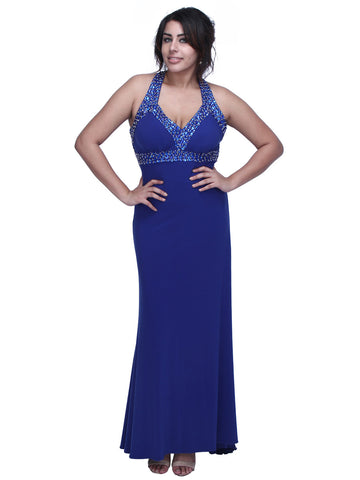 Sophisticated Opulence: Classy Royal Blue Crepe Beaded Evening Gown for a Regal and Elegant Look