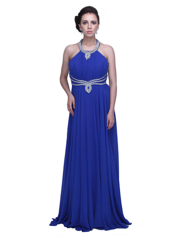 Majestic Elegance: Royal Blue Crepe Embellished Halter Neck Gown for a Regal and Captivating Look