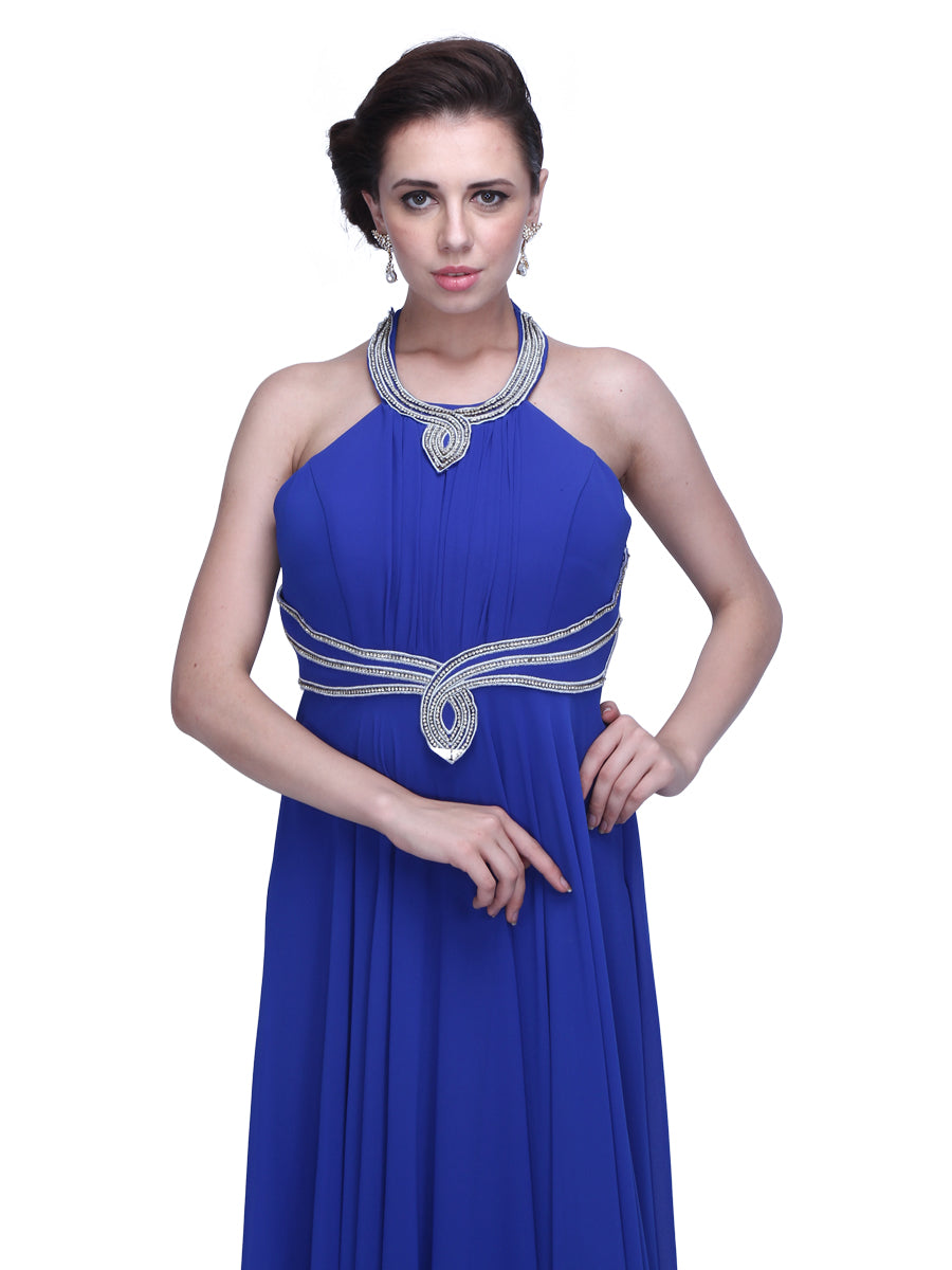 Majestic Elegance: Royal Blue Crepe Embellished Halter Neck Gown for a Regal and Captivating Look