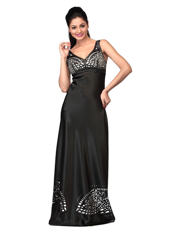 Ravishing Noir: Black Satin Fancy Cutwork Gown for a Dazzling and Alluring Look