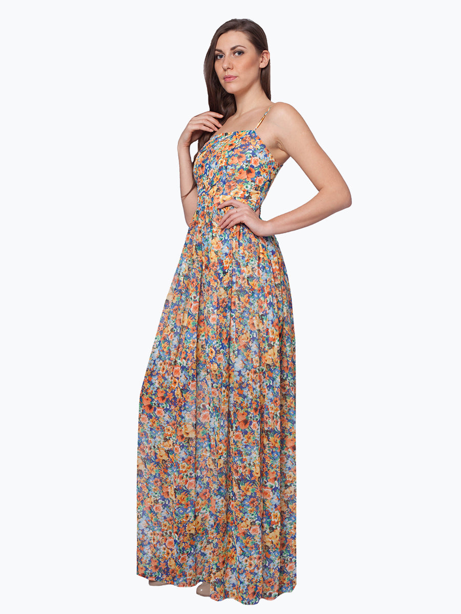 Floral Strappy Ruched Maxi Dress