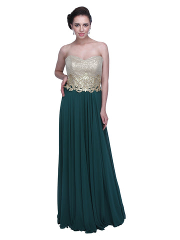 Gilded Allure: Gold Metallic Applique Evening Gown in Crepe Fabric for a Timelessly Glamorous and Luxurious Look