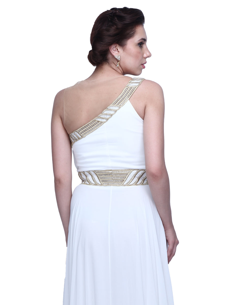 Grecian Opulence: Sleeveless Couture Embellished Crepe Gown for an Elegant and Timeless Greek Look