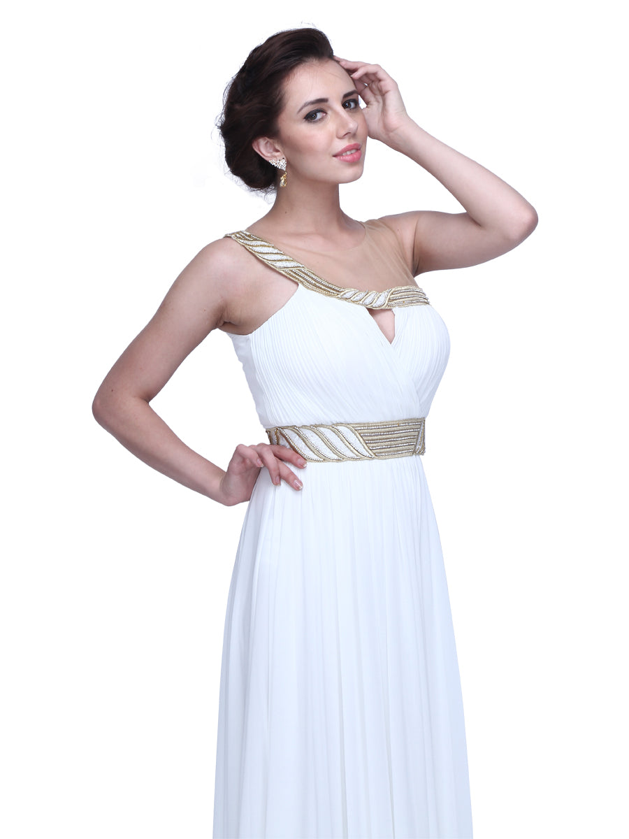 Grecian Opulence: Sleeveless Couture Embellished Crepe Gown for an Elegant and Timeless Greek Look