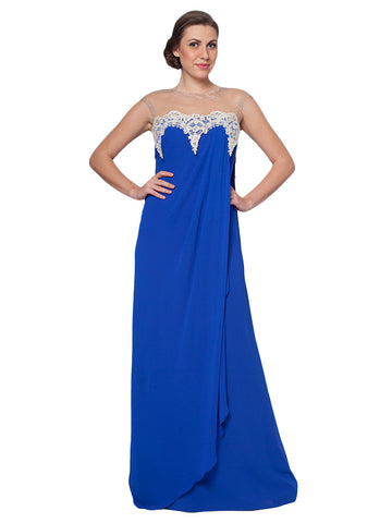 Enchanting Azure: Lace Embellished Chiffon Gown for a Spellbinding and Elegant Presence