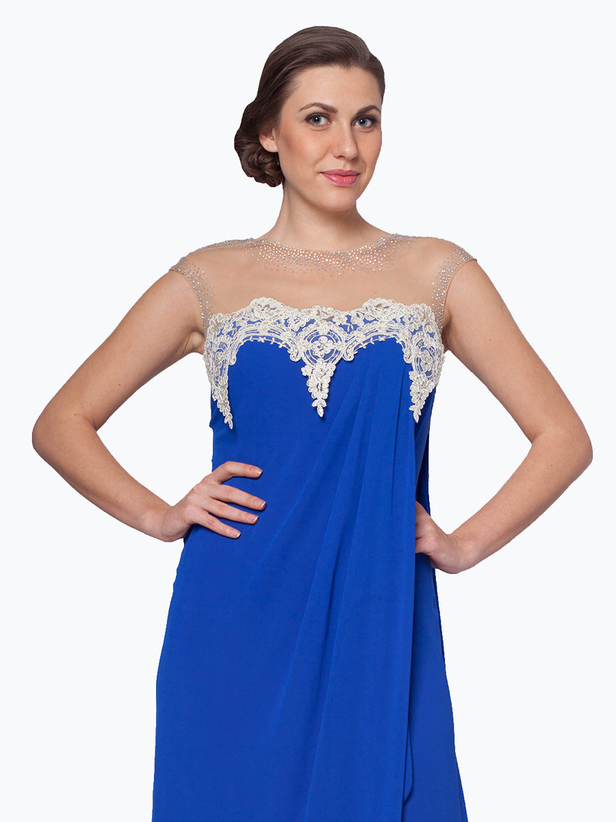 Enchanting Azure: Lace Embellished Chiffon Gown for a Spellbinding and Elegant Presence