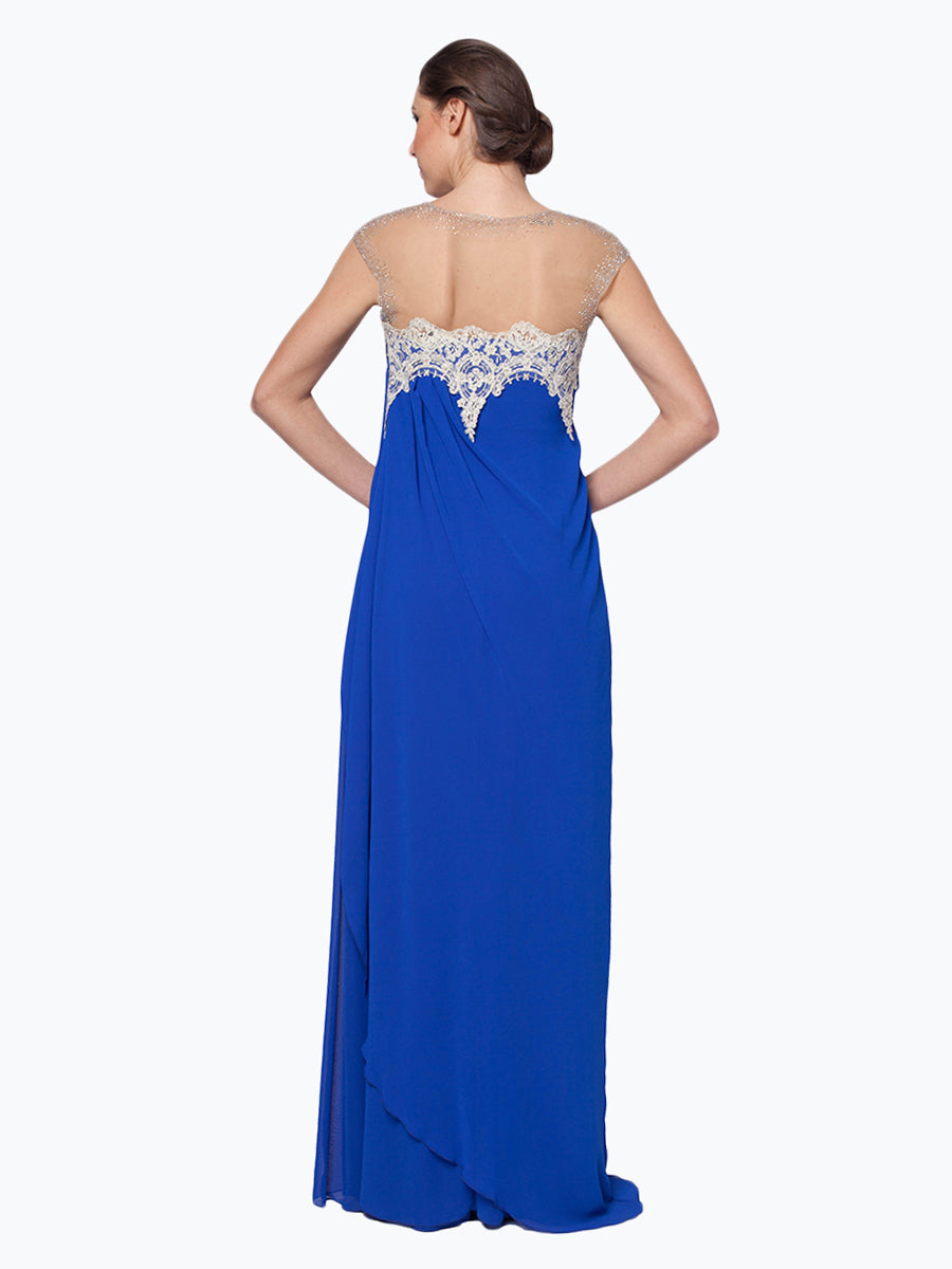 Enchanting Azure: Lace Embellished Chiffon Gown for a Spellbinding and Elegant Presence