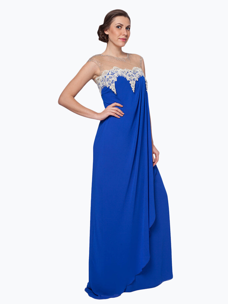 Enchanting Azure: Lace Embellished Chiffon Gown for a Spellbinding and Elegant Presence