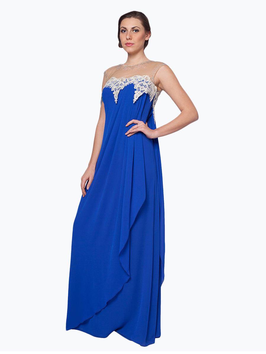 Enchanting Azure: Lace Embellished Chiffon Gown for a Spellbinding and Elegant Presence
