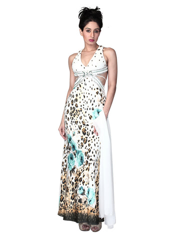 Wild Blooms: Exquisite Leopard and Floral Printed Crepe Gown for a Bold and Feminine Statement