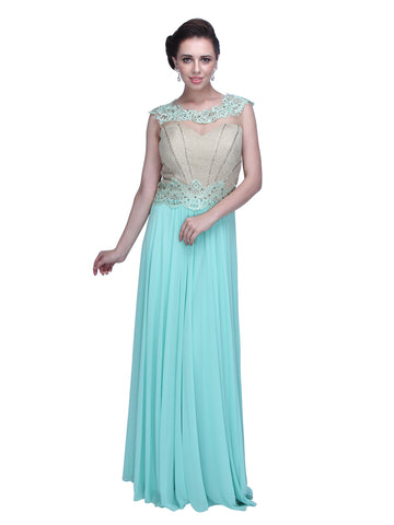 Mint Majesty: Crepe Evening Gown with Gilded Metallic Bodice for a Regal and Radiant Presence