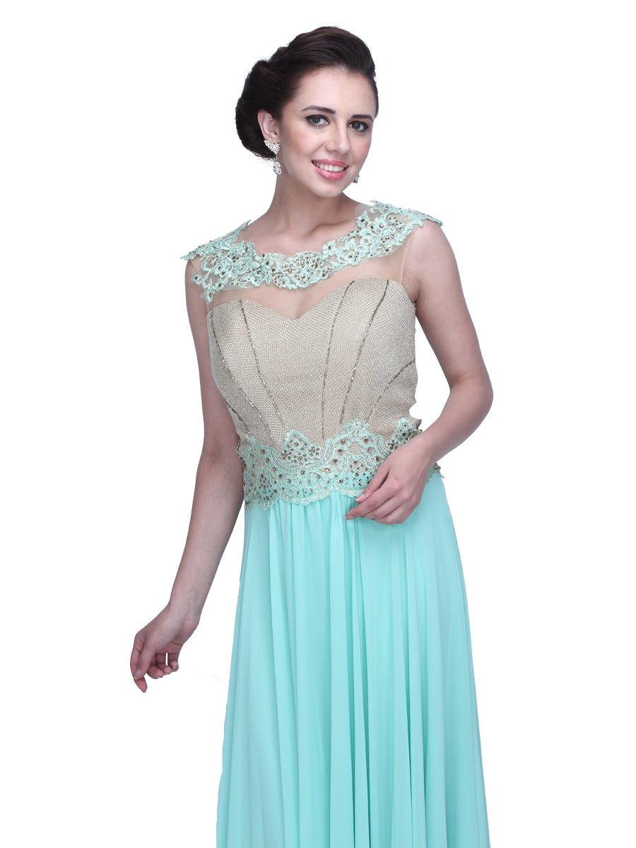 Mint Majesty: Crepe Evening Gown with Gilded Metallic Bodice for a Regal and Radiant Presence