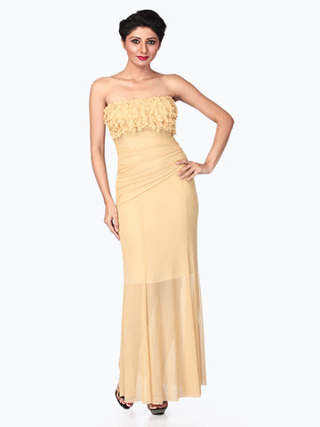 Golden Elegance: Ruched Strapless Gown in Gold Yellow Georgette for a Radiant and Timeless Look